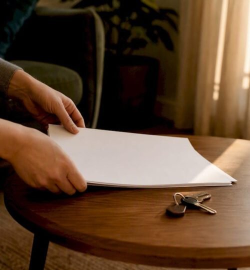 Hands passing house keys and documents