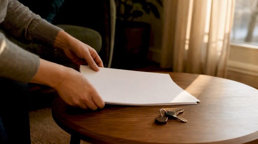 Hands passing house keys and documents