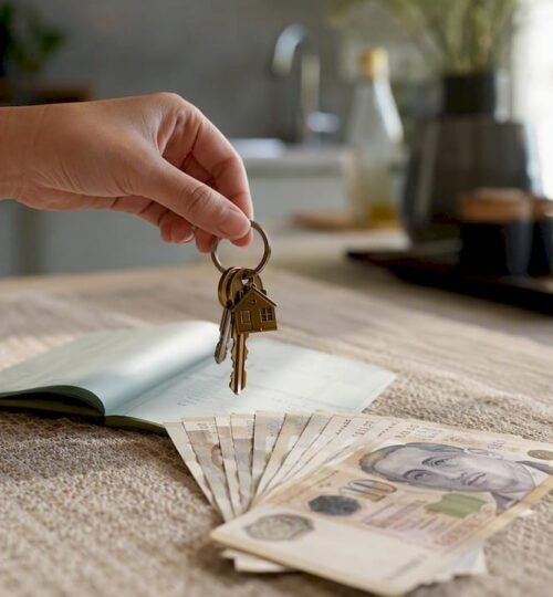 Condo keys with cash and CPF passbook on table