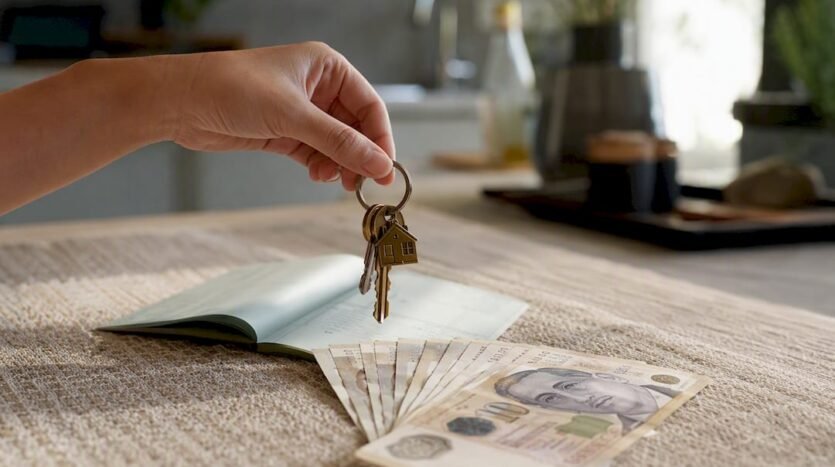Condo keys with cash and CPF passbook on table