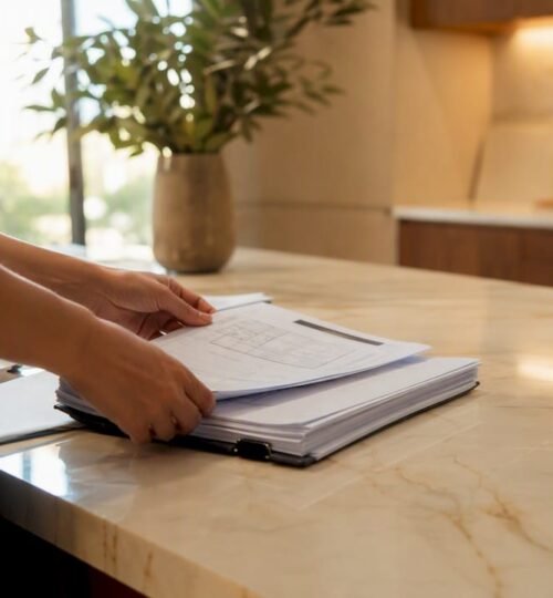 Hands sorting EC tender documents carefully