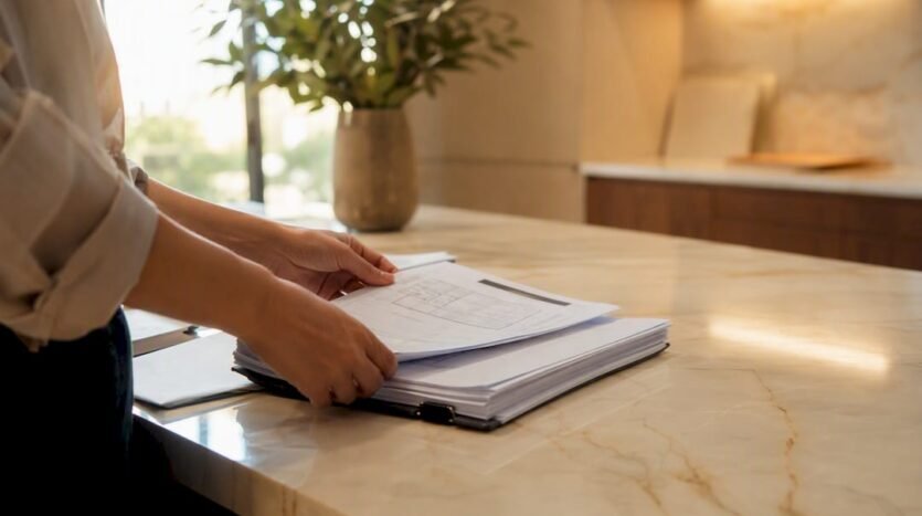 Hands sorting EC tender documents carefully