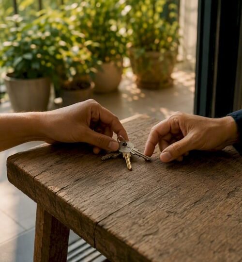 Hands exchanging house keys close-up