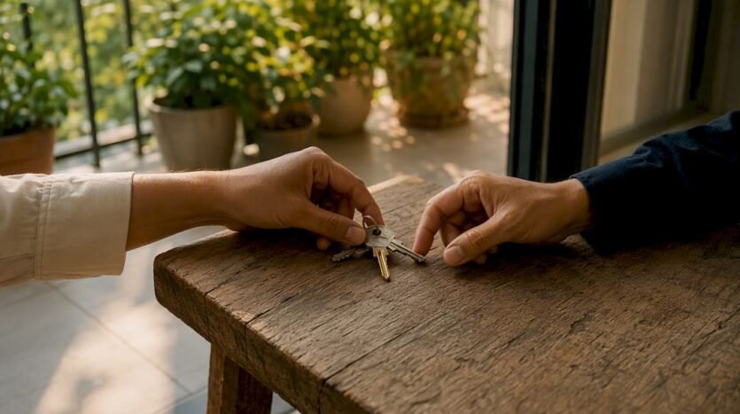 Hands exchanging house keys close-up