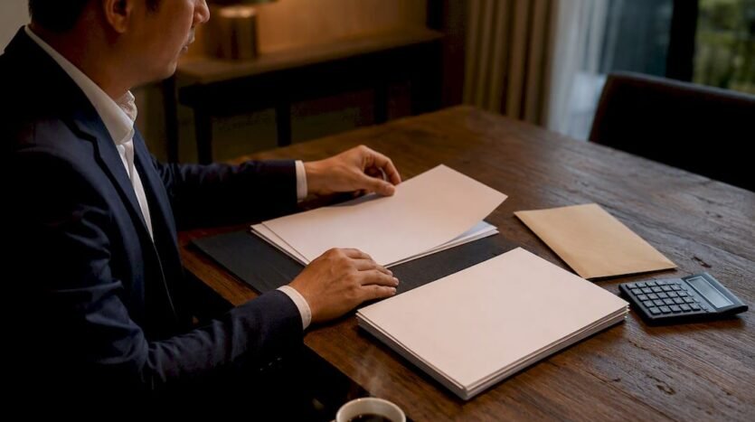 Agent arranging blank loan documents on desk