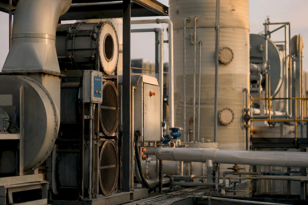 Industrial emissions control equipment at a factory