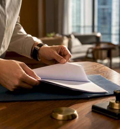 Hands preparing tenancy agreement for stamping