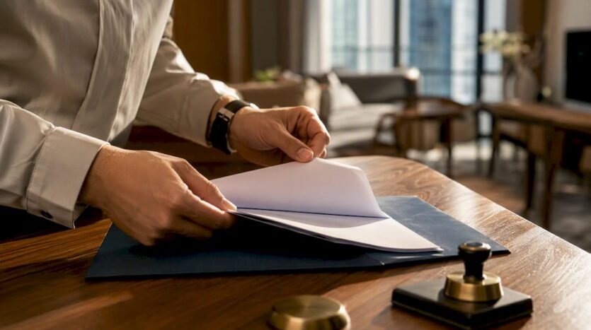 Hands preparing tenancy agreement for stamping