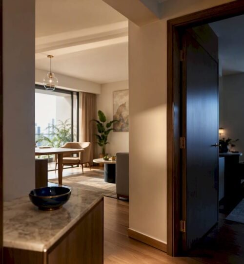 Shared foyer leading to dual-key condo spaces