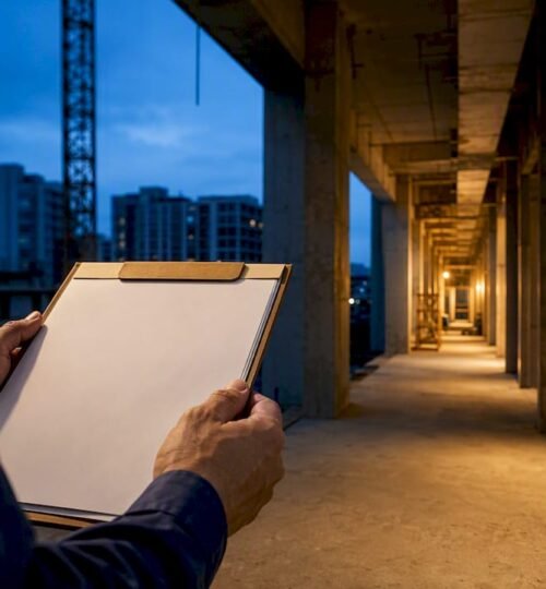 Unfinished condominium construction corridor at dusk