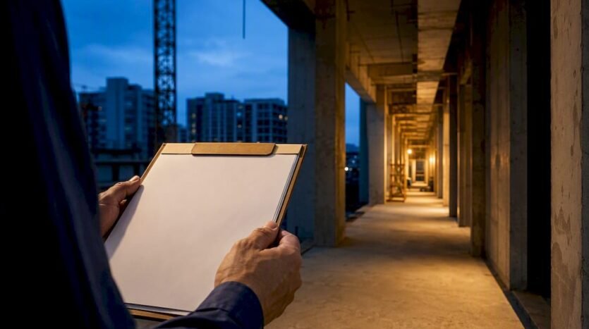 Unfinished condominium construction corridor at dusk