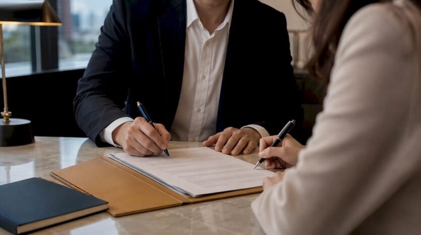 Buyer and seller signing property option agreement