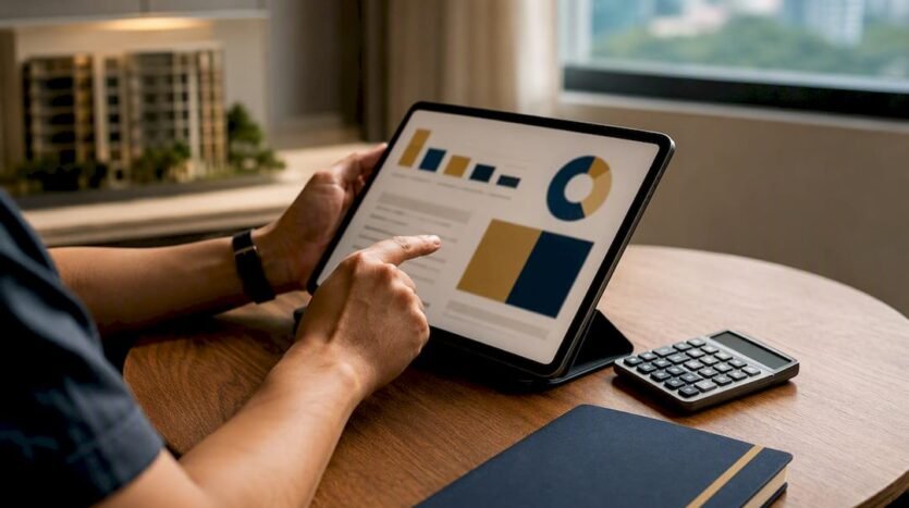 Hands comparing Singapore rent and buy costs