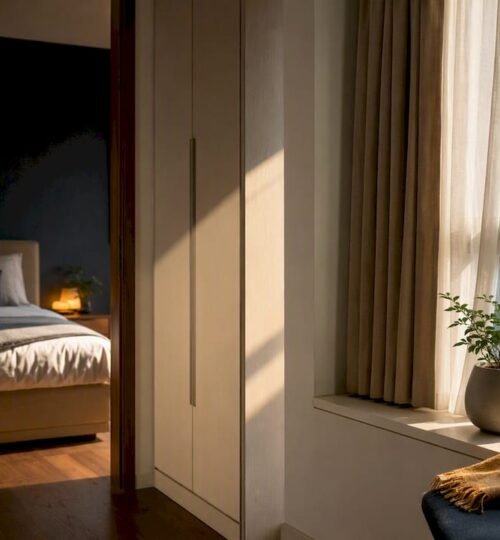 Rental apartment interior with warm window light
