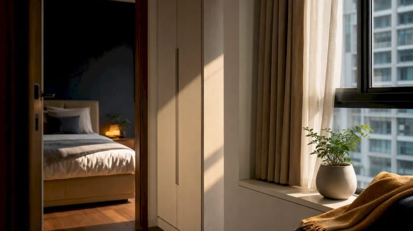 Rental apartment interior with warm window light