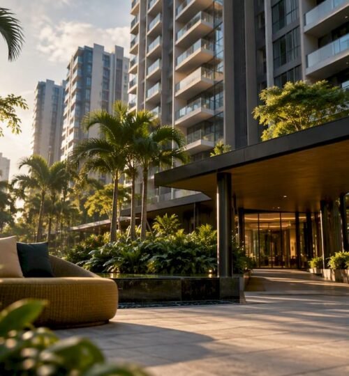 Singapore condominium courtyard and residential towers