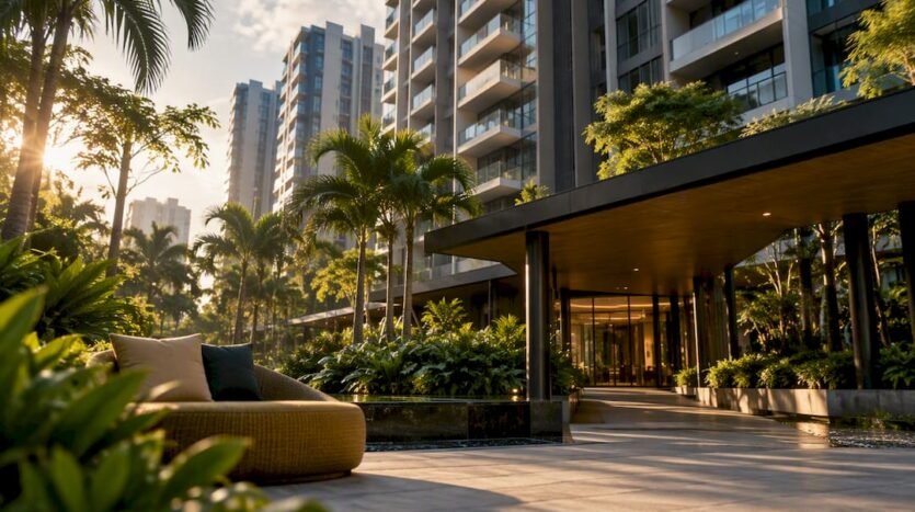 Singapore condominium courtyard and residential towers