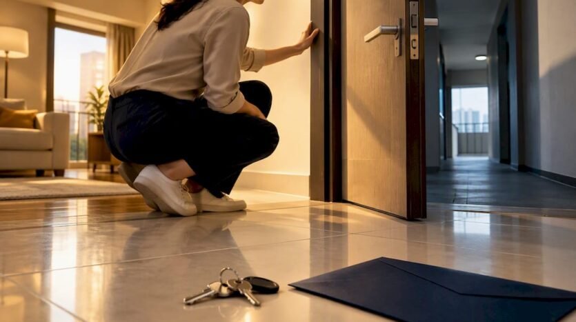 Tenant inspecting rental apartment before key handover