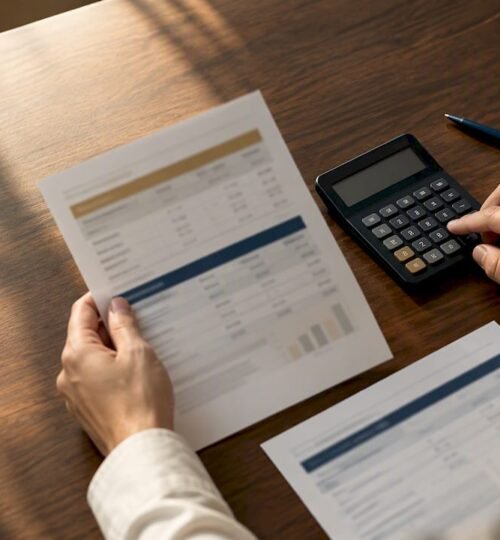 Hands comparing mortgage rates with calculator