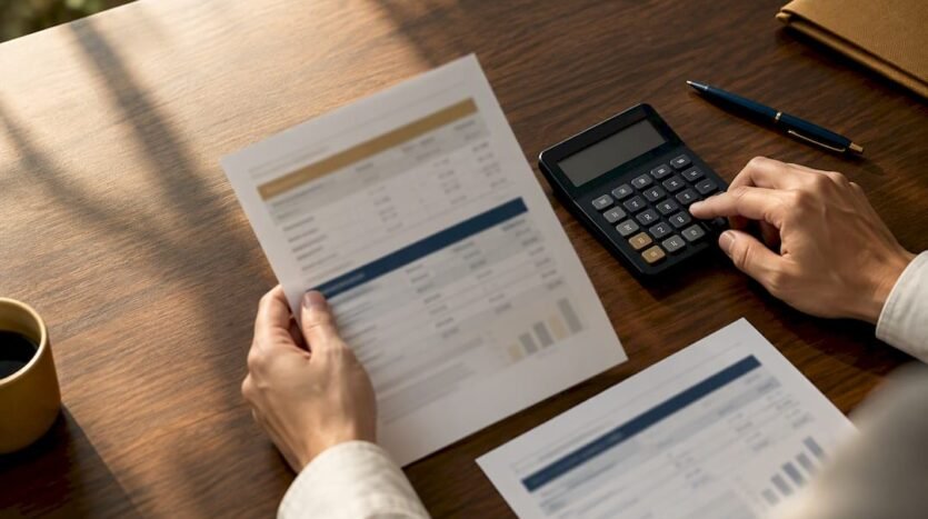 Hands comparing mortgage rates with calculator