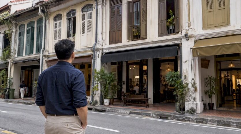 Singapore mixed-use shophouses viewed from street