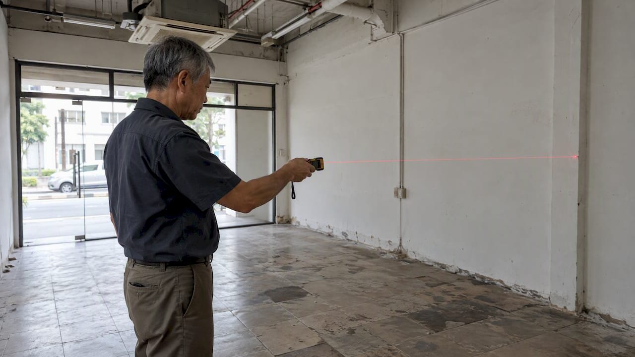 Valuer measuring vacant commercial property interior