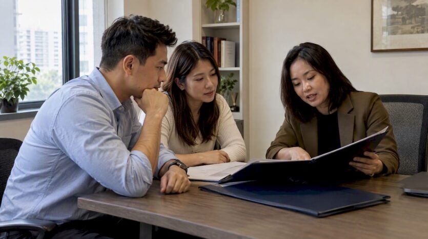 Couple discussing property transfer with solicitor