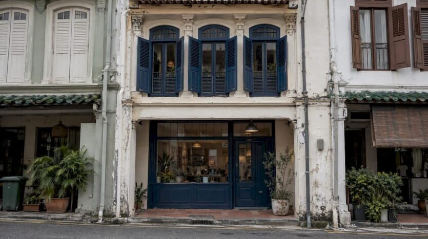 Conserved Singapore shophouse facade and upper windows
