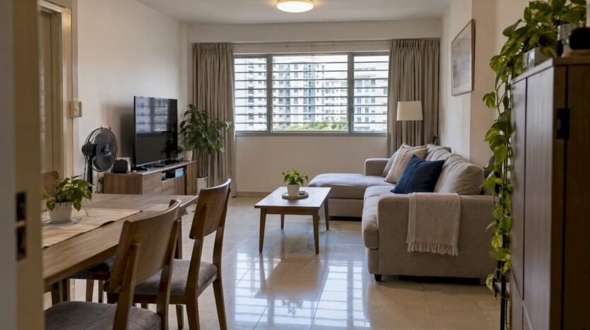 Lightly microstaged Singapore HDB living room