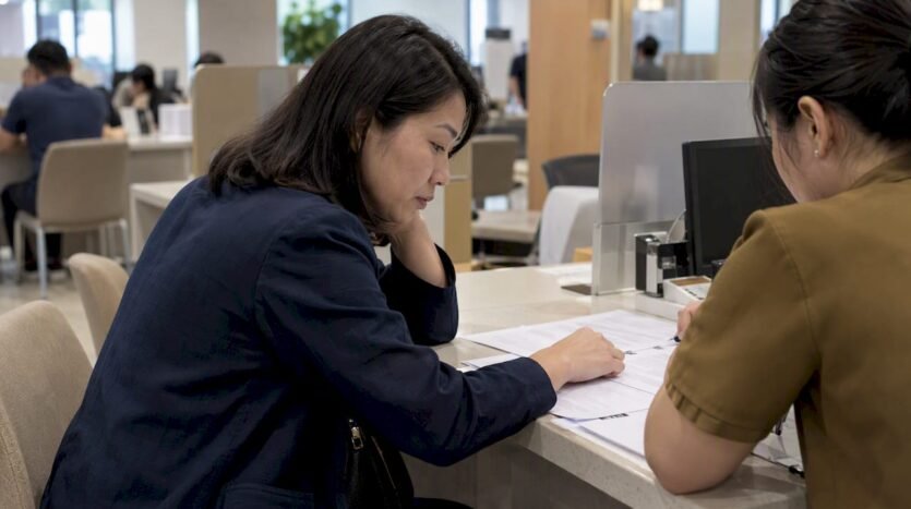 Buyer reviewing paperwork at an HDB counter