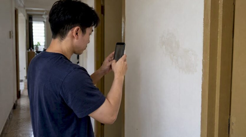 Tenant photographing a rental wall defect